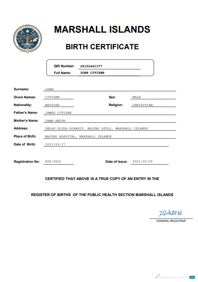 Download Marshall Islands vital record birth certificate Word and PDF template Photoshop template